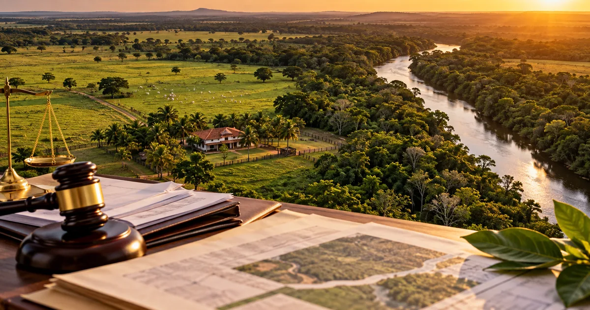 Propriedade rural, documentos e balança sobre passivo ambiental