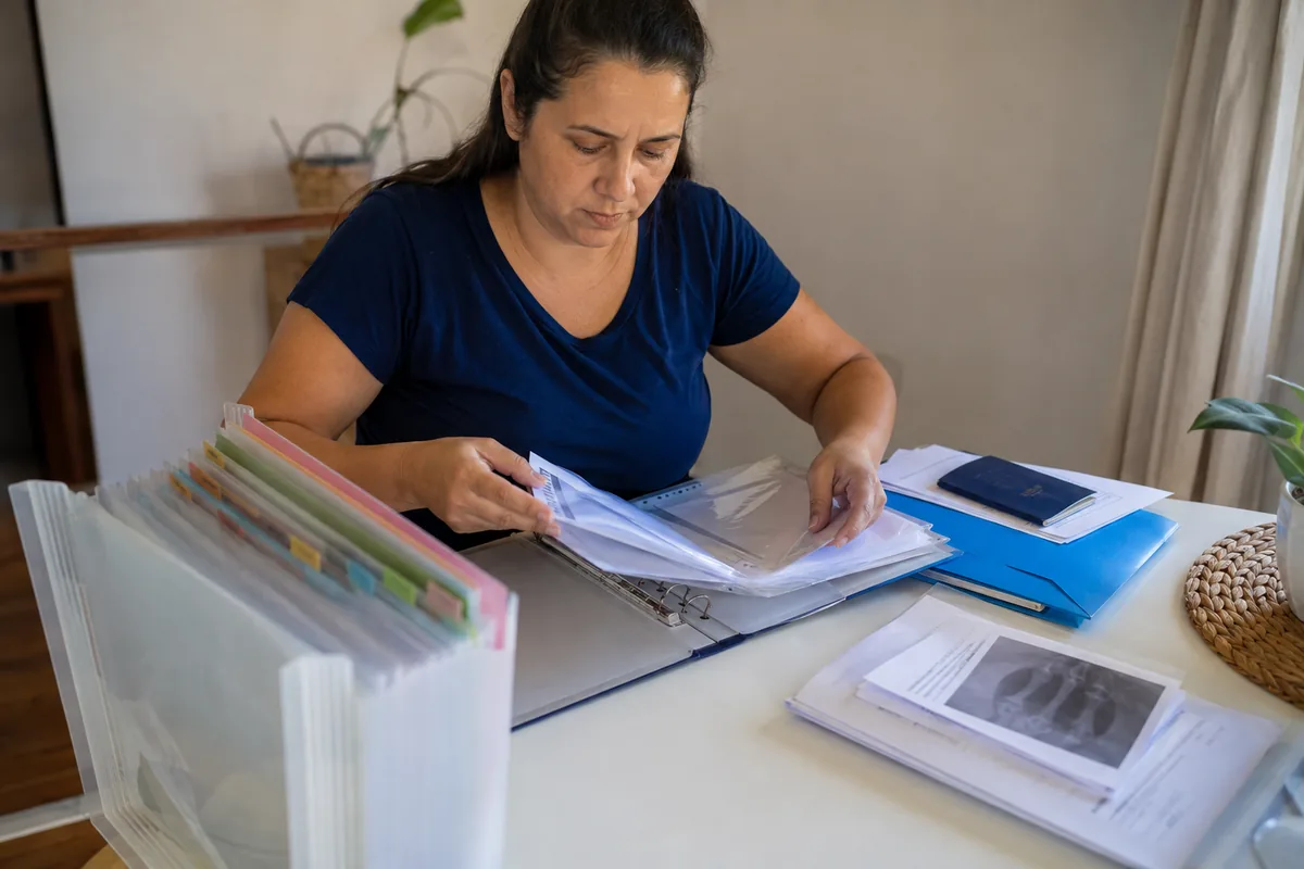 Segurada organiza laudos e registros profissionais para a perícia do INSS