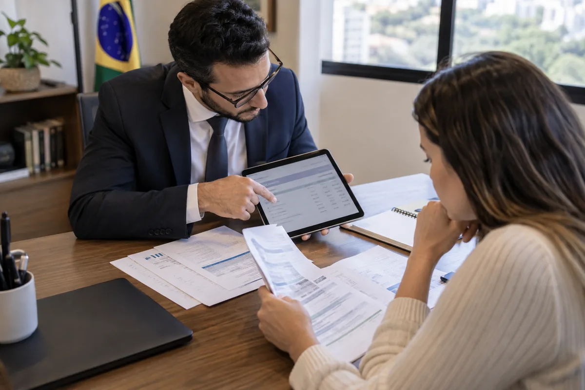 Advogado e cliente conferem documentos de bloqueio bancário em execução fiscal