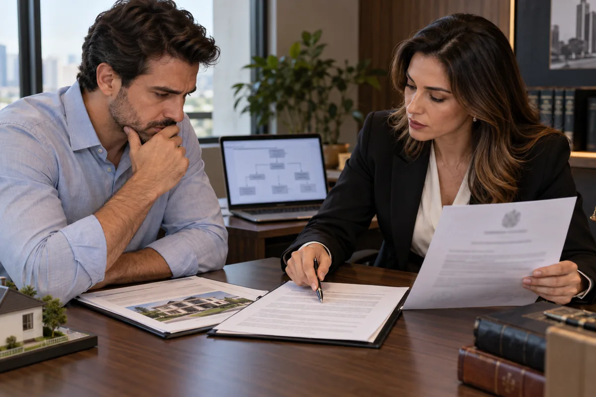 Comprador e advogada analisam contrato, matrícula e processo sobre imóvel