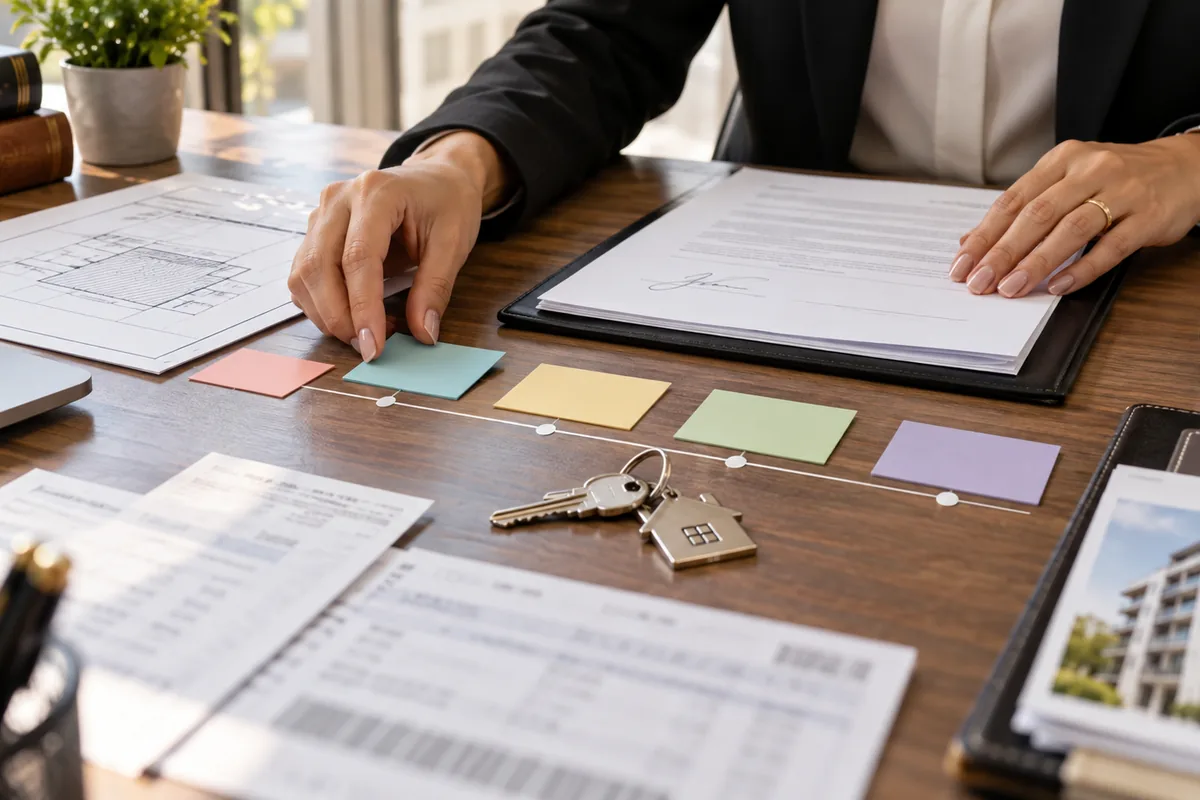 Advogada organiza contrato, comprovantes e matrícula em linha do tempo