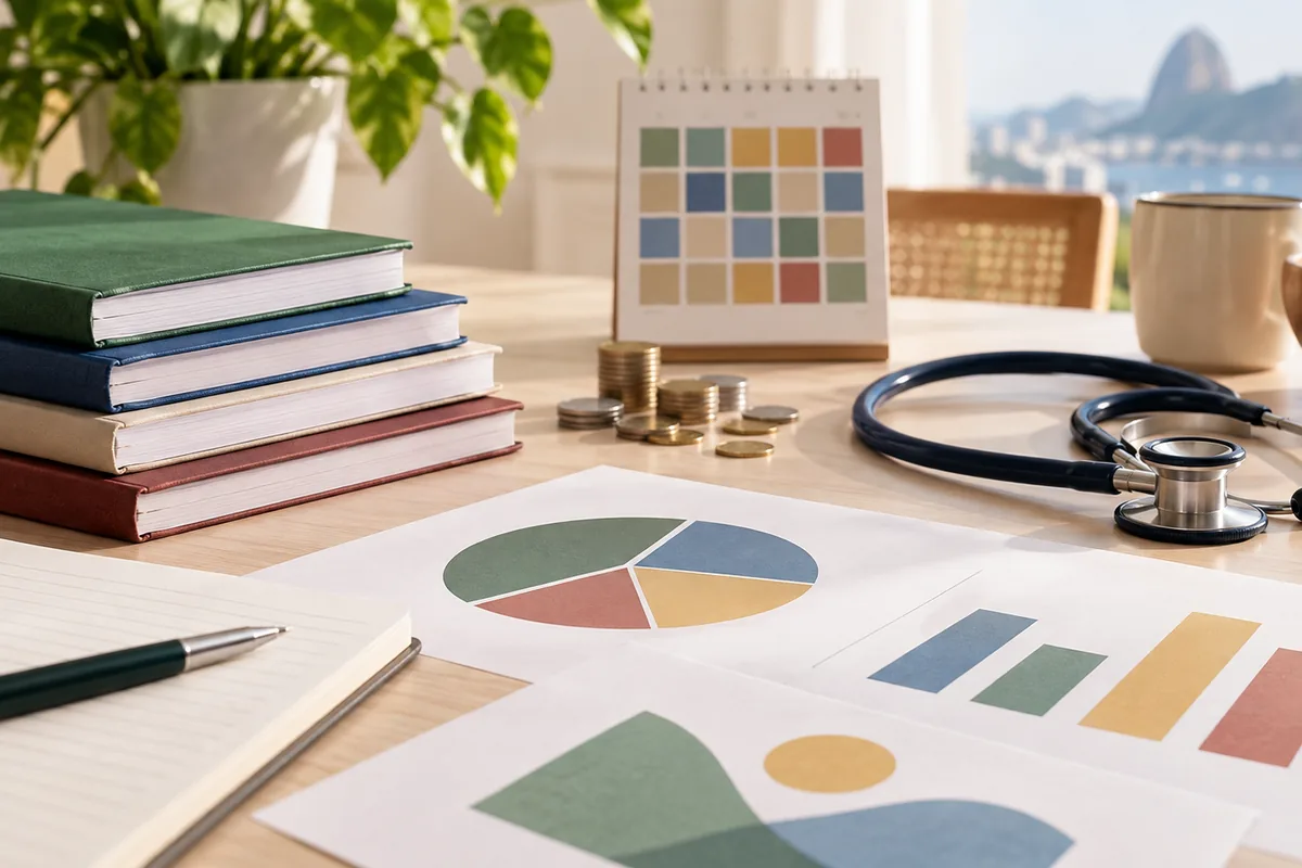 Cadernos, calendário, gráficos, moedas e estetoscópio representam necessidade financeira