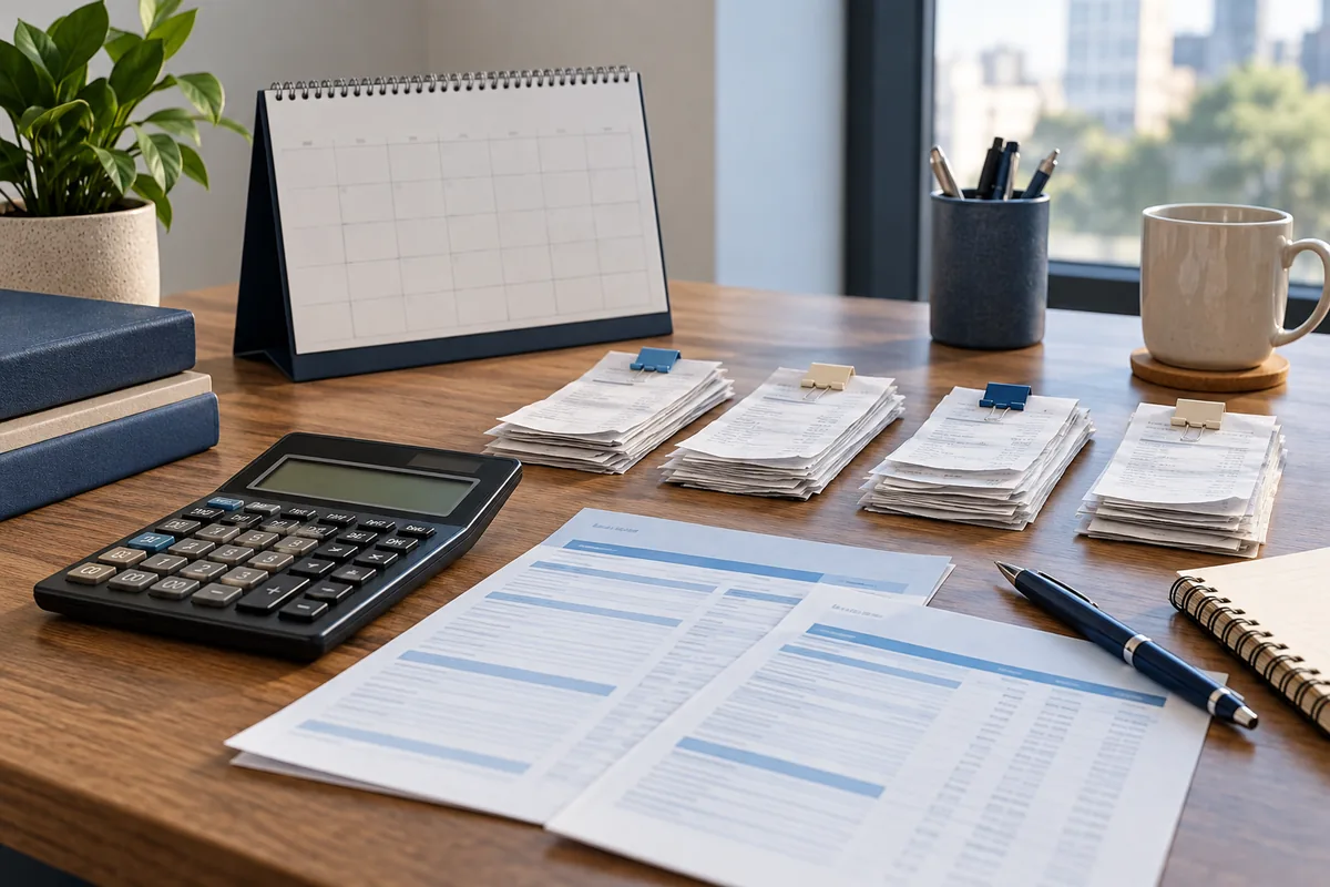 Calendário, calculadora e comprovantes organizados por competência