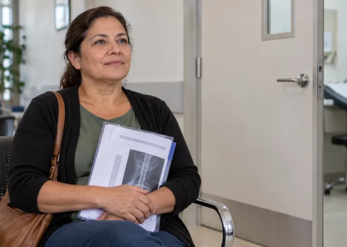 Segurada aguarda perícia médica com pasta de exames