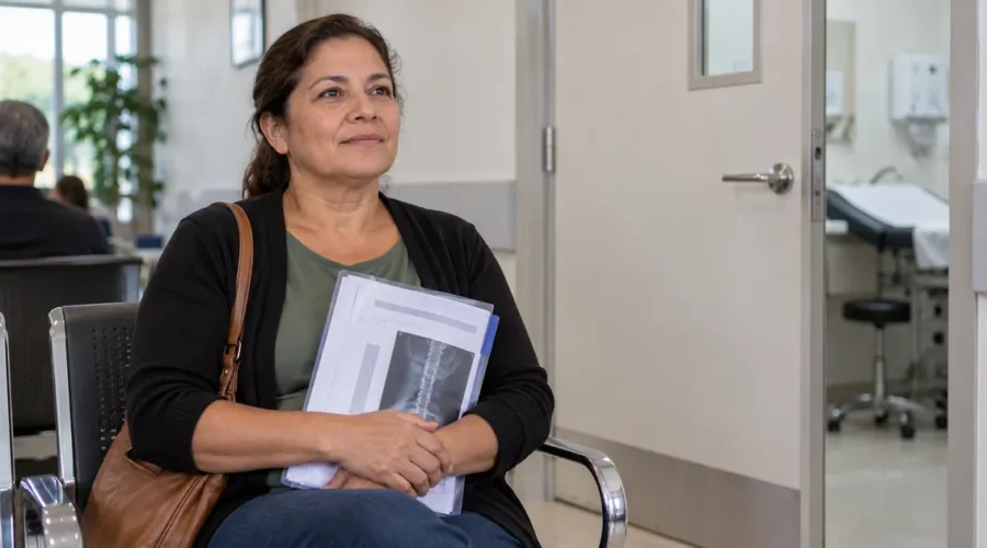 Segurada aguarda perícia médica com pasta de exames