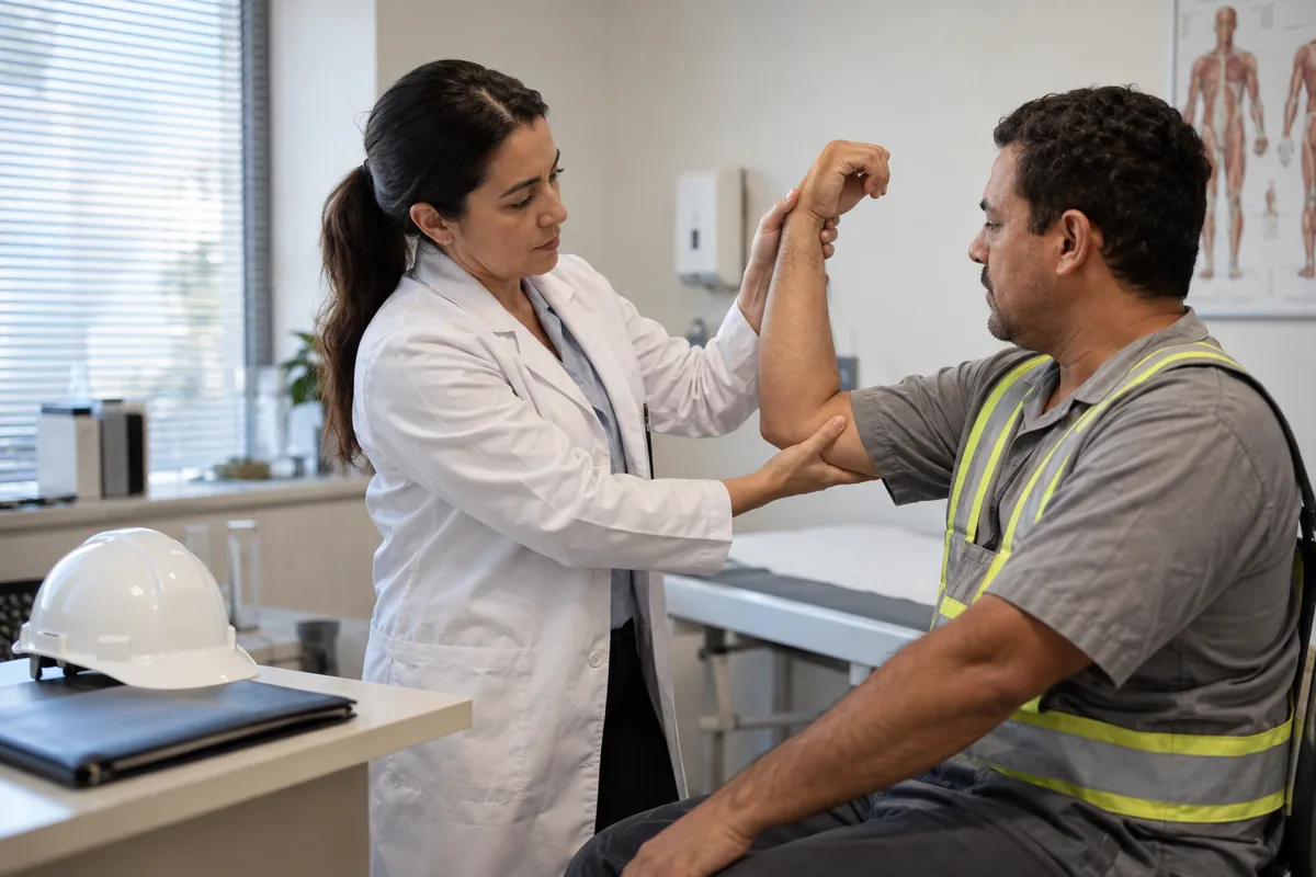 Médica avalia mobilidade de trabalhador em perícia ocupacional