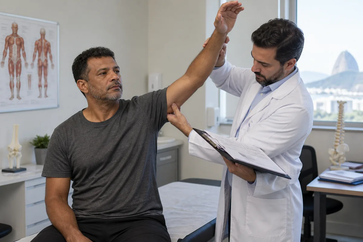 Médico avalia mobilidade do braço durante revisão de benefício