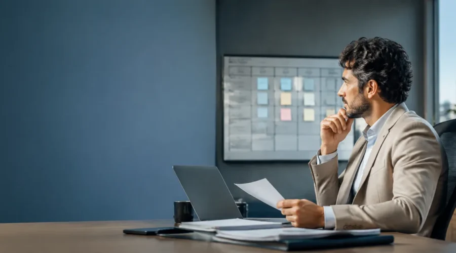 Profissional PJ avaliando contrato e rotina de trabalho em escritório