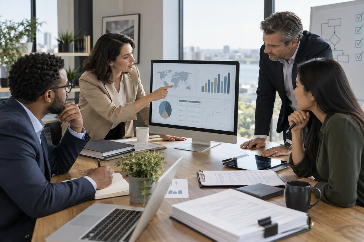 Equipe multidisciplinar revisa dashboard de planejamento tributário