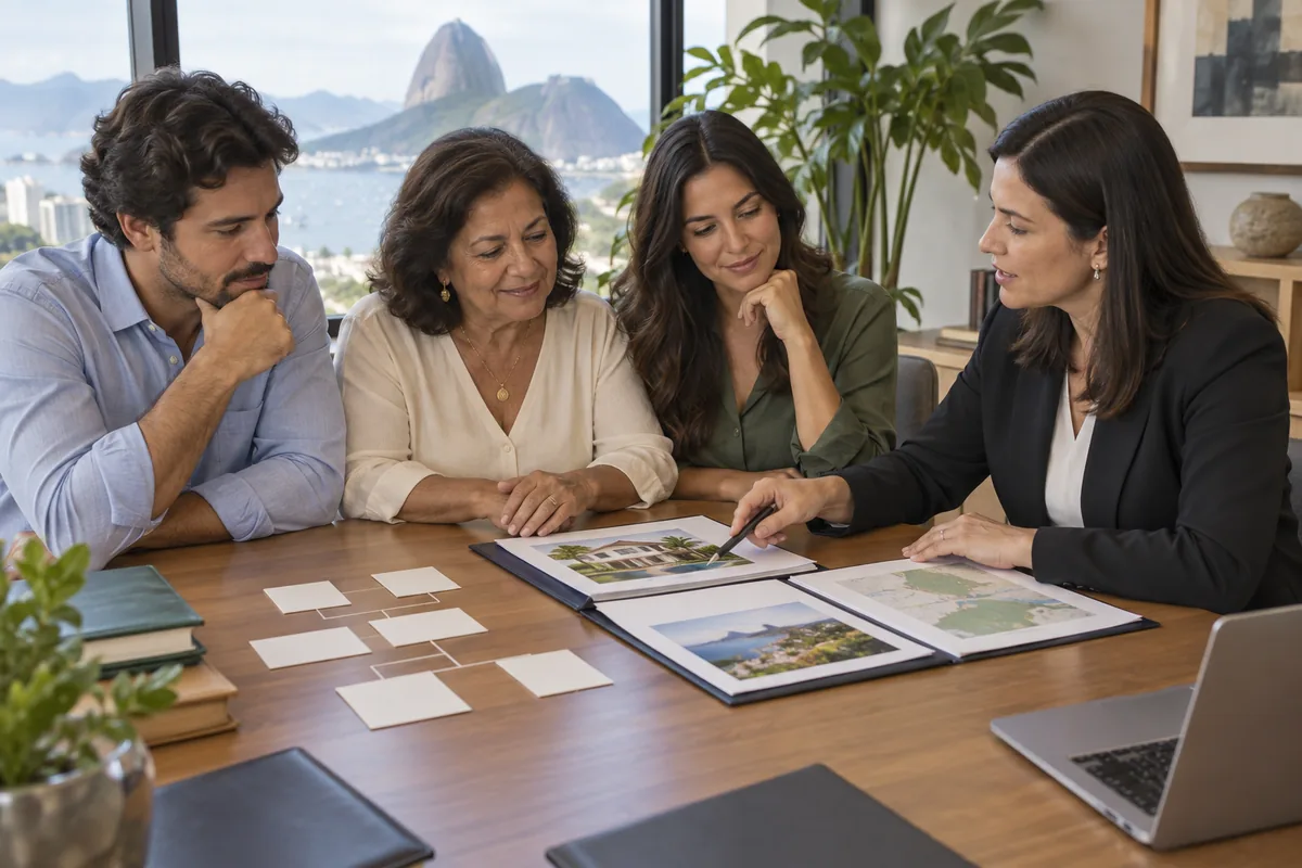 Família adulta conversa com advogada sobre imóveis e patrimônio