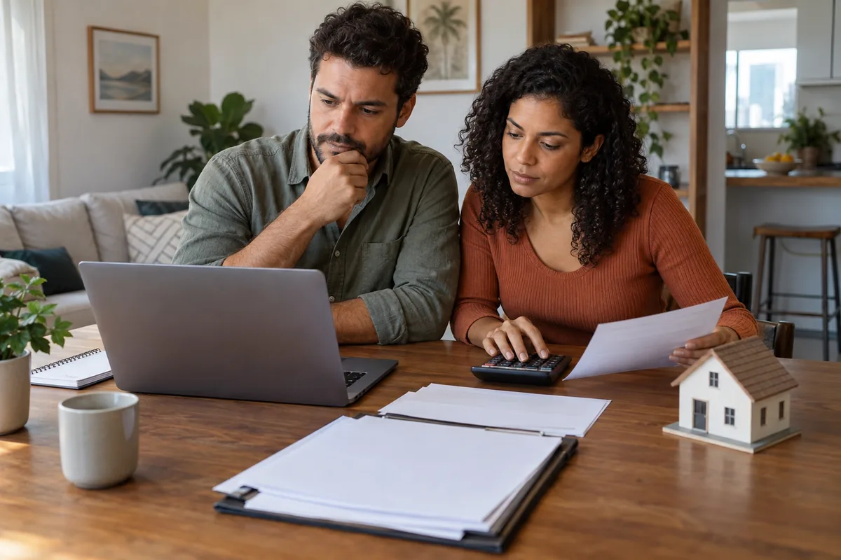 Casal compara financiamento imobiliário com calculadora e documentos