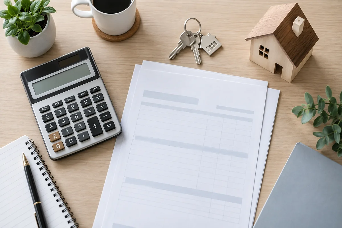 Calculadora, chaves e documentos para planejar custos da compra de imóvel