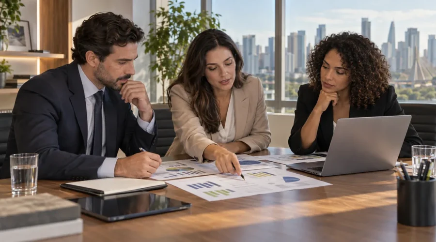 Equipe analisa planejamento tributário empresarial