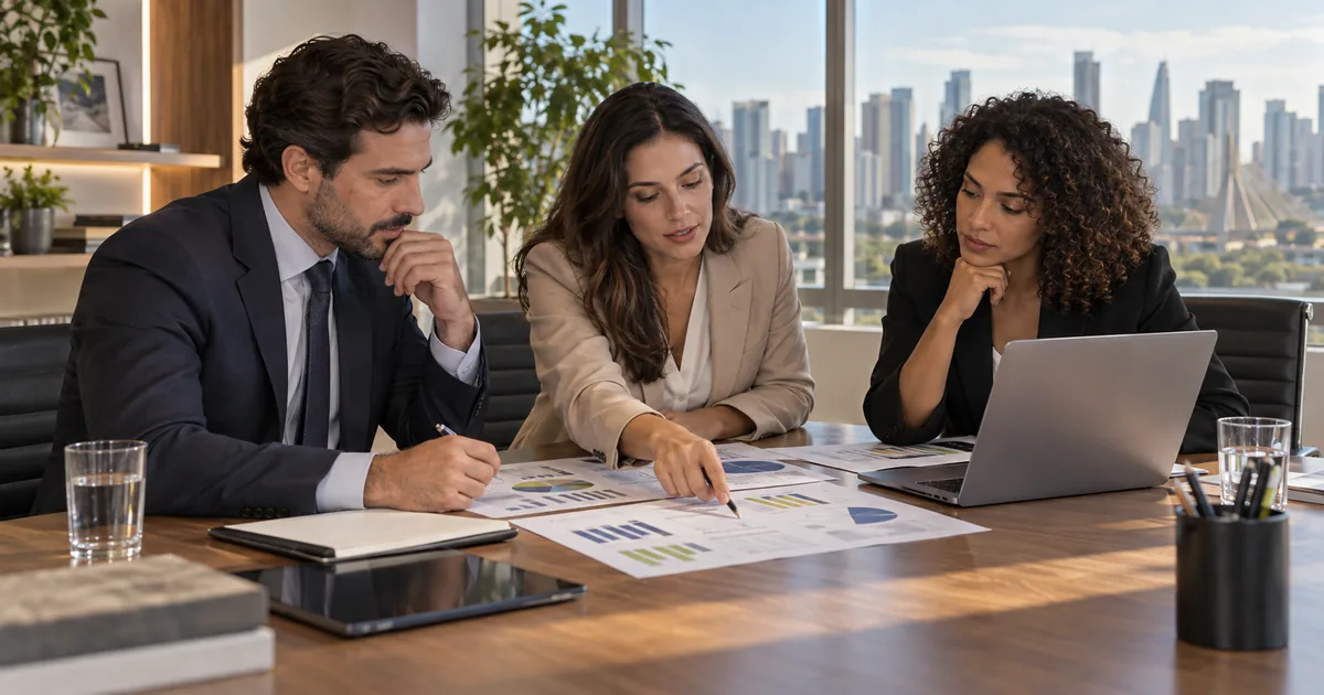 Equipe analisa planejamento tributário empresarial