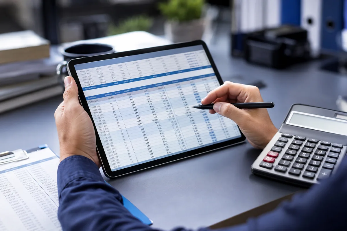 Planilha salarial em tablet é conferida com calculadora