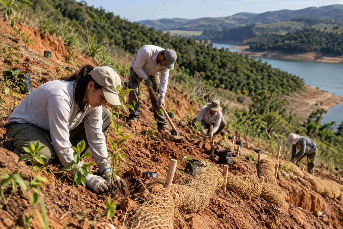 Equipe planta mudas nativas e controla erosão em encosta degradada