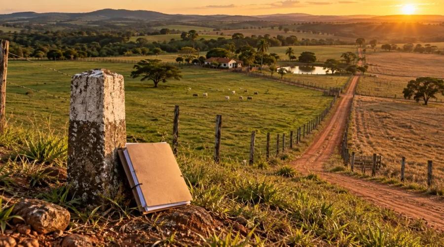 Marco de divisa e documentos diante de propriedade rural brasileira