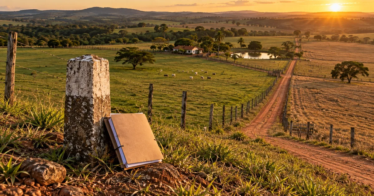 Marco de divisa e documentos diante de propriedade rural brasileira