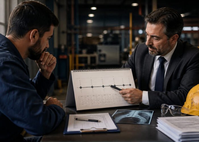 Advogado explica linha do tempo de ação a trabalhador em ambiente industrial