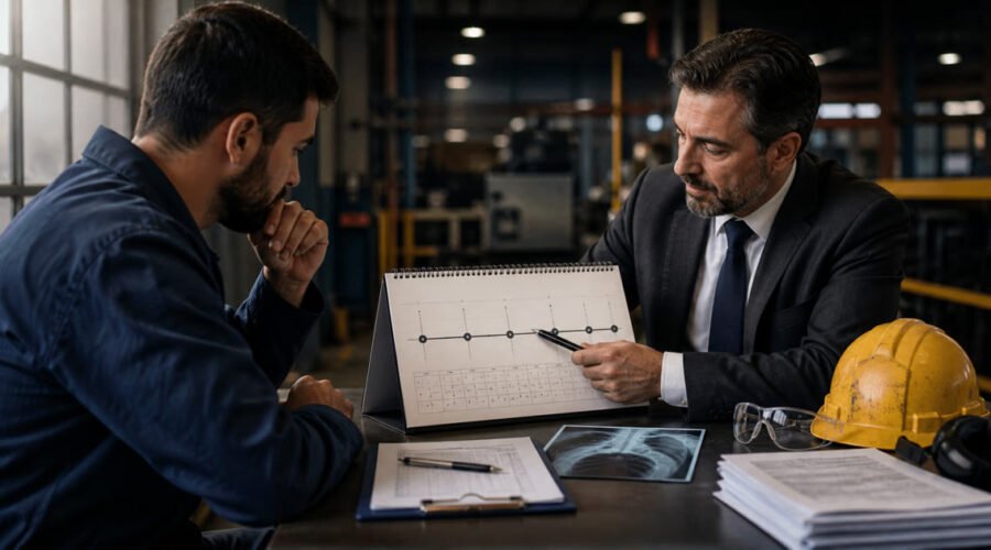 Advogado explica linha do tempo de ação a trabalhador em ambiente industrial