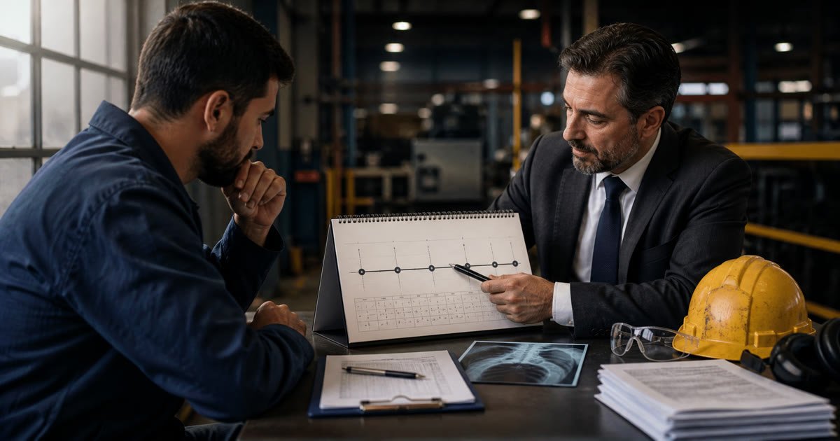 Advogado explica linha do tempo de ação a trabalhador em ambiente industrial