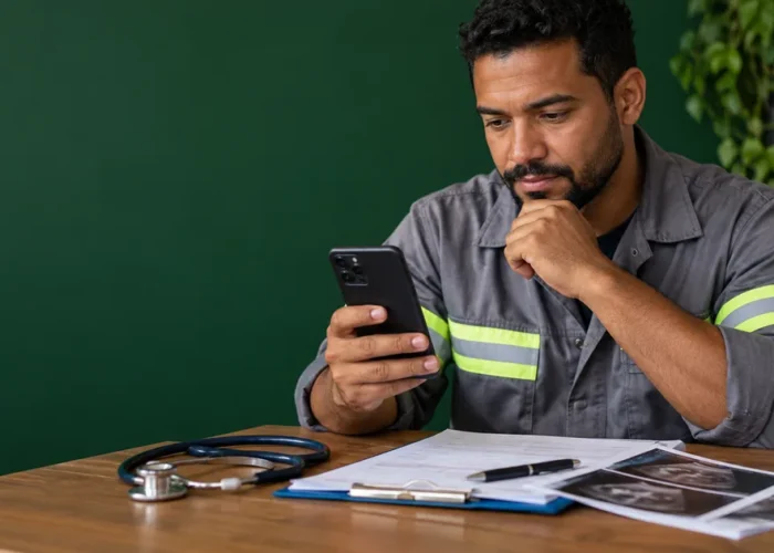 Trabalhador consulta datas no celular ao lado de documentos médicos