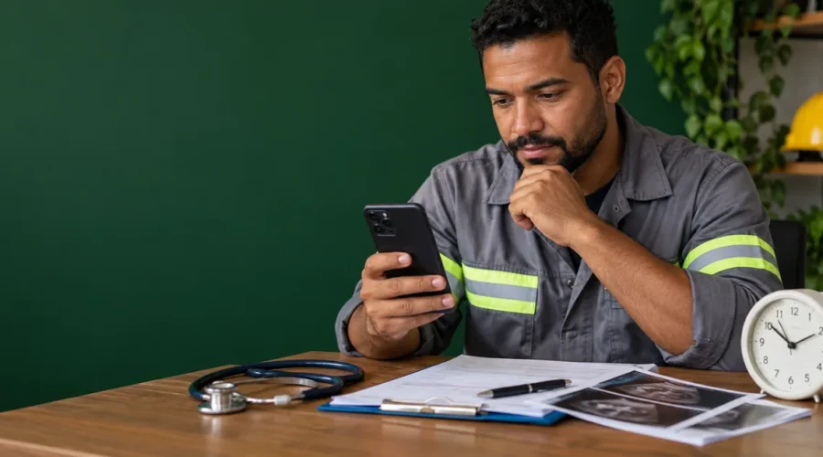 Trabalhador consulta datas no celular ao lado de documentos médicos