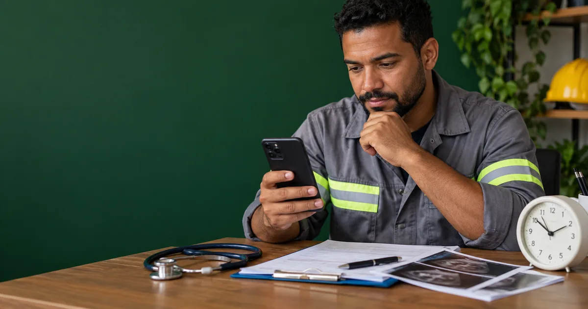 Trabalhador consulta datas no celular ao lado de documentos médicos