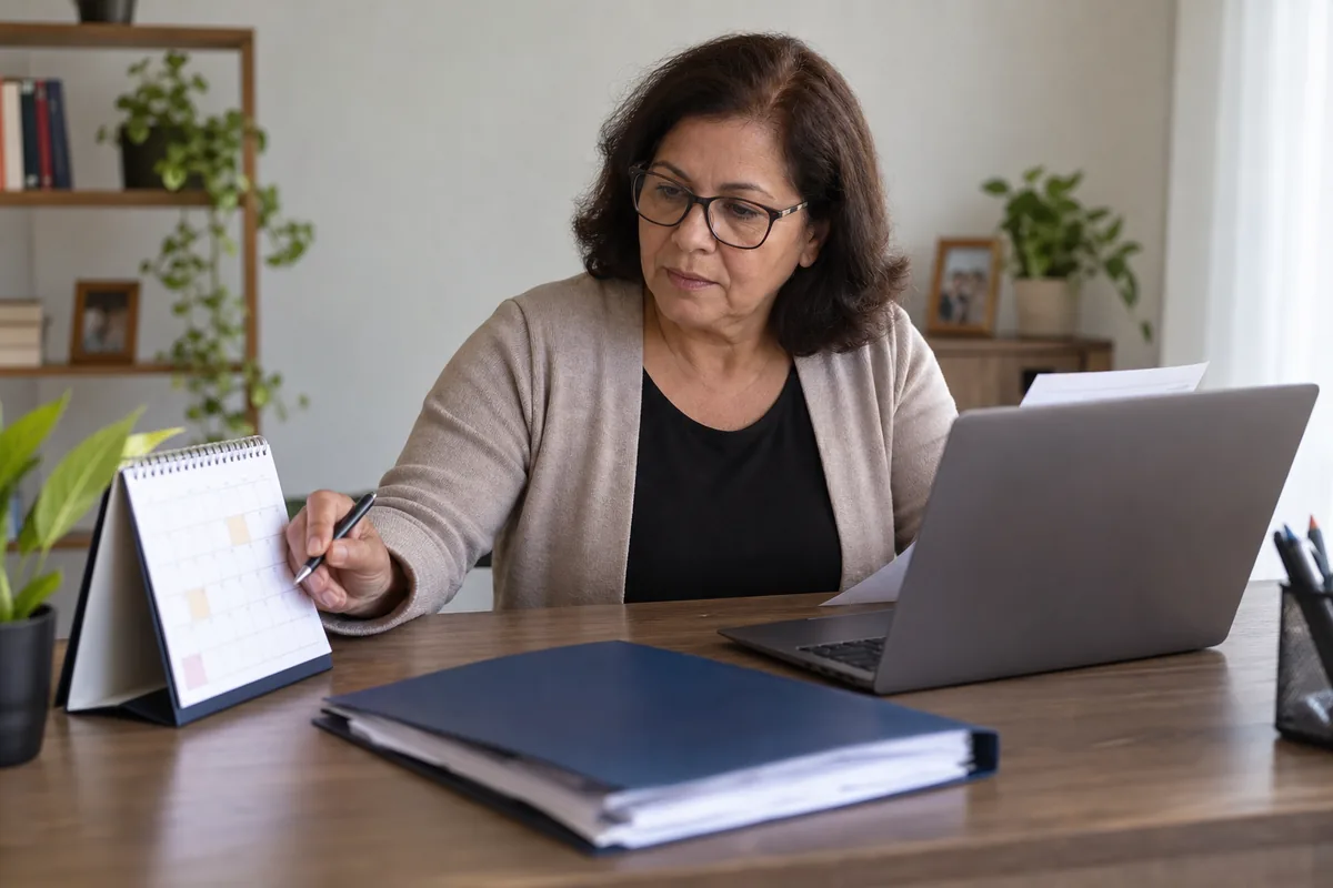 Pensionista confere o calendário e a carta do benefício