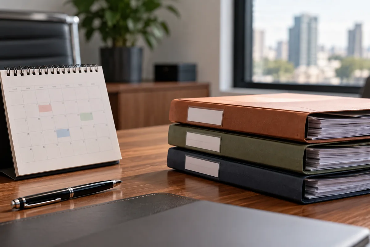 Calendário e pastas organizados para controle de títulos de crédito