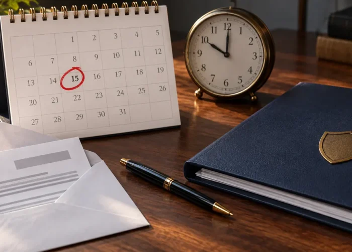 Calendário, relógio e pasta de defesa de lançamento tributário