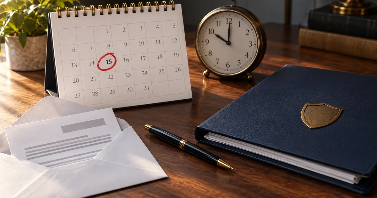 Calendário, relógio e pasta de defesa de lançamento tributário