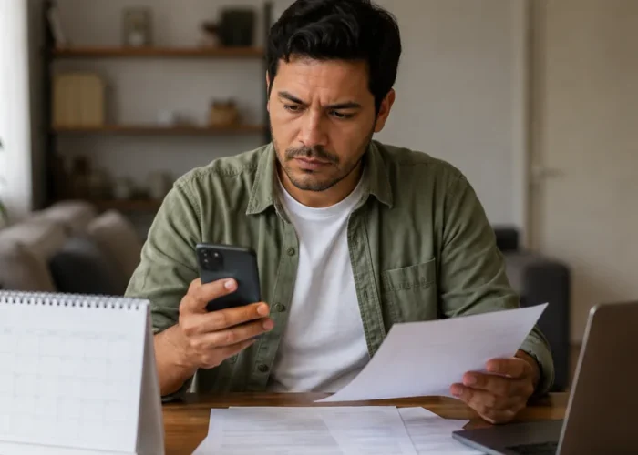 Trabalhador confere no celular o pagamento das verbas rescisórias