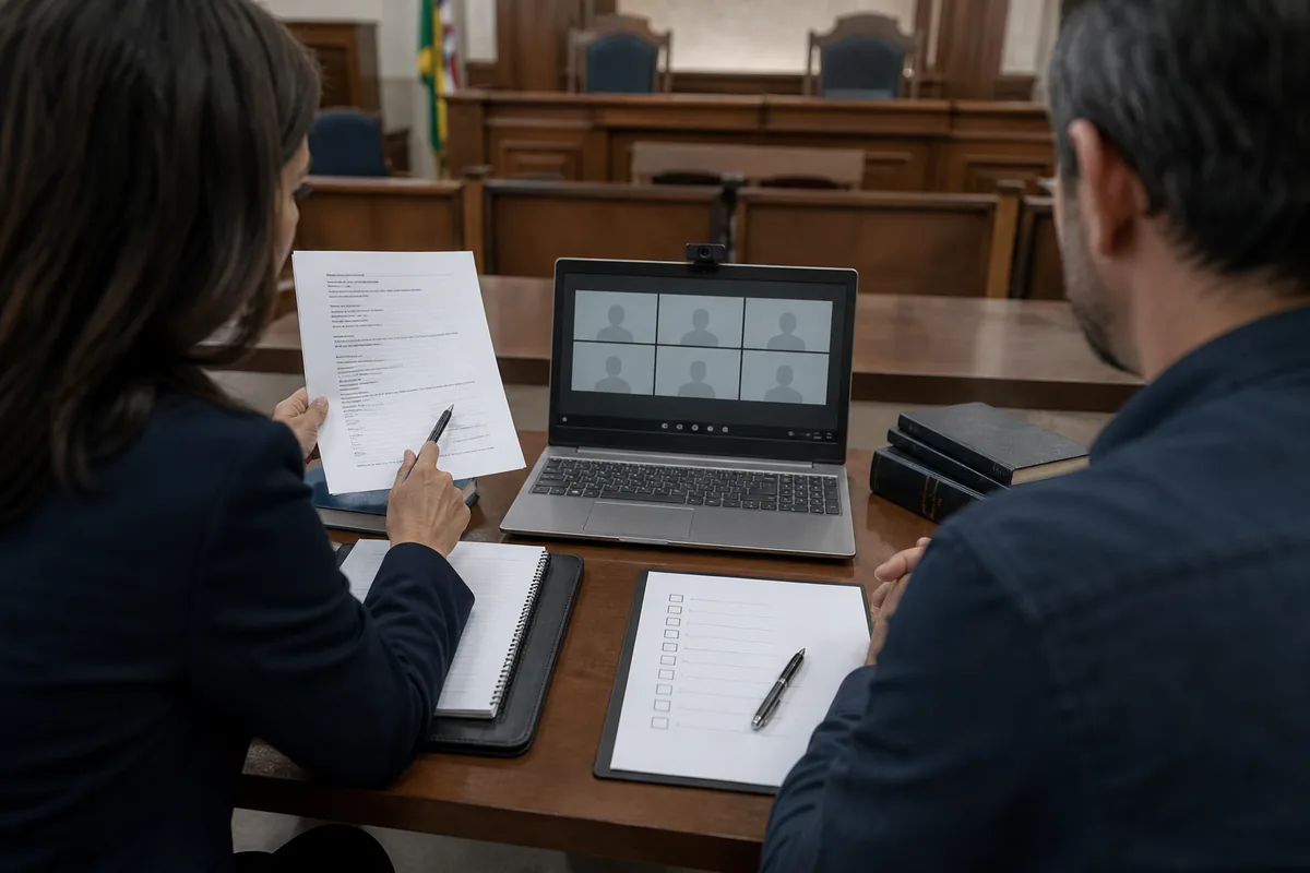 Advogada e cliente revisam checklist diante de laptop para audiência trabalhista