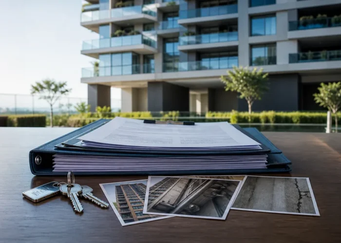 Documentos e fotografias diante de edifício residencial