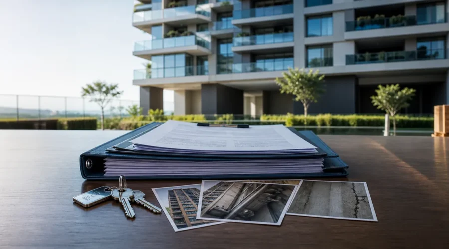 Documentos e fotografias diante de edifício residencial