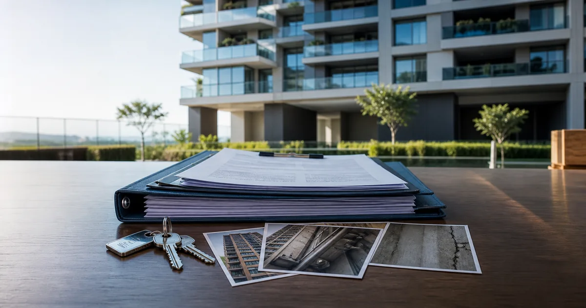 Documentos e fotografias diante de edifício residencial