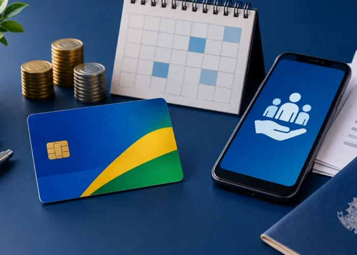 Cartão, calendário e celular representam o pagamento mensal do BPC