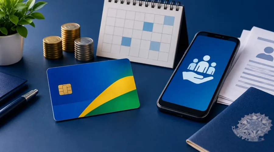 Cartão, calendário e celular representam o pagamento mensal do BPC