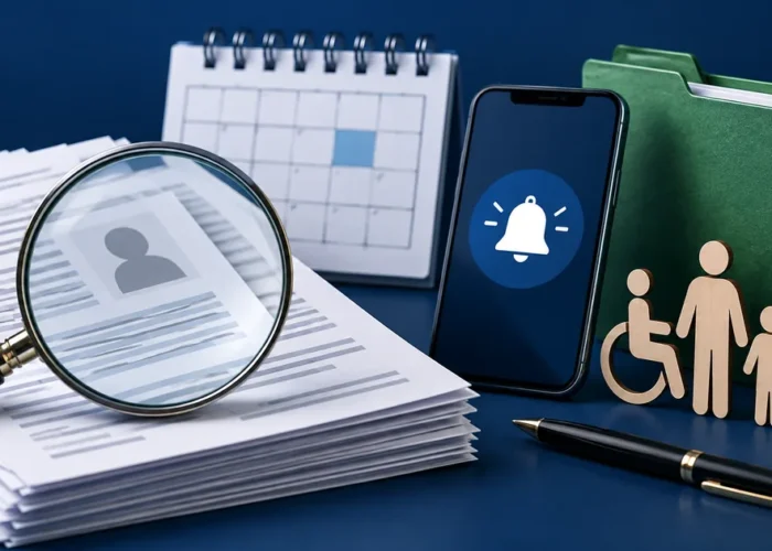 Lupa, documentos e alerta representam a revisão do BPC em 2026
