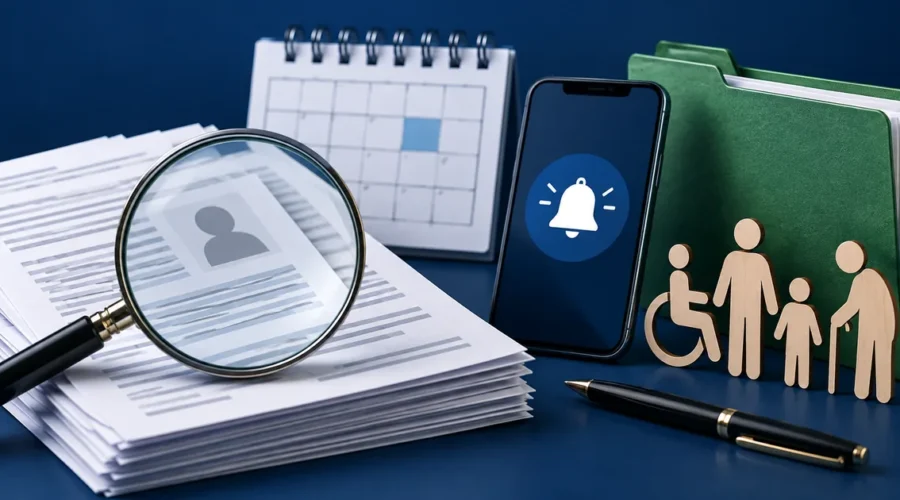 Lupa, documentos e alerta representam a revisão do BPC em 2026