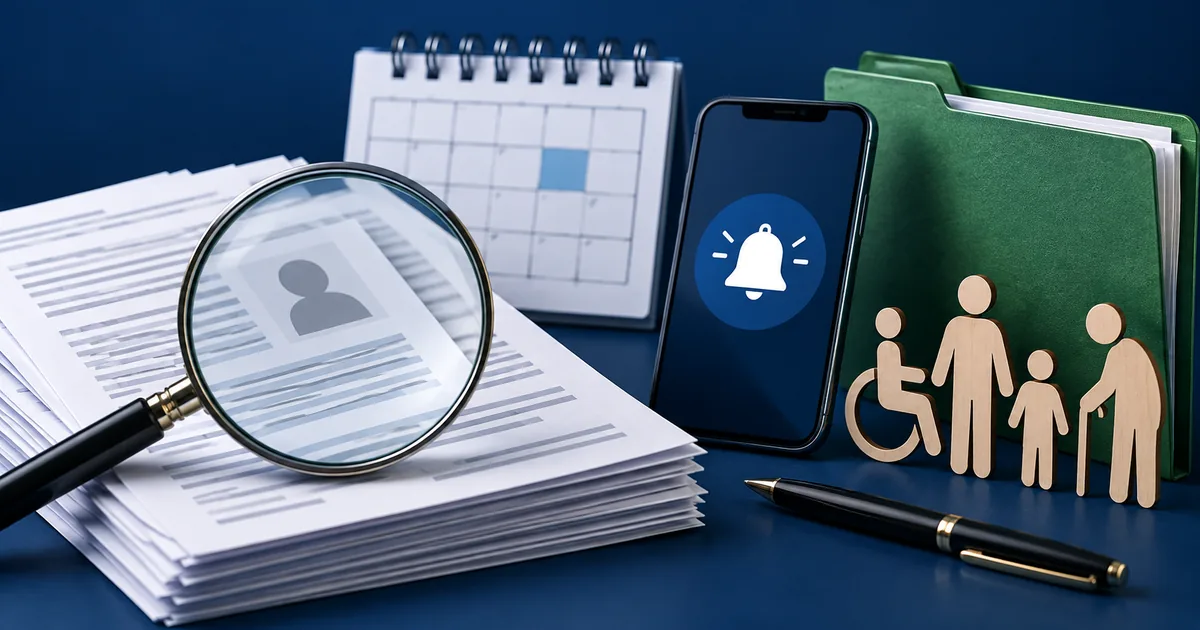 Lupa, documentos e alerta representam a revisão do BPC em 2026