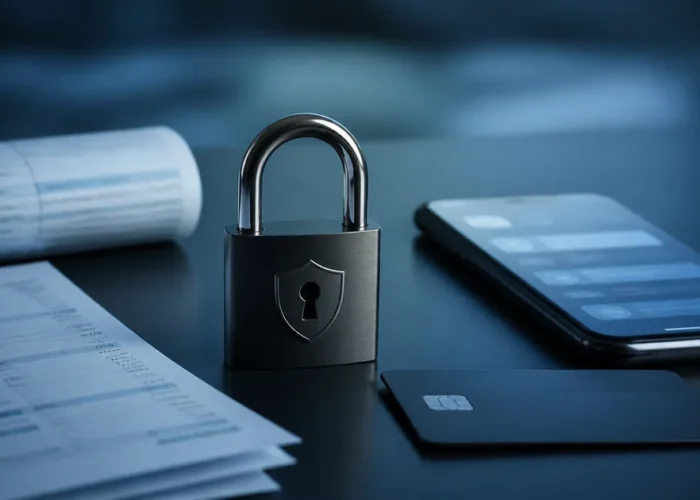 Cadeado, celular e extratos representam conta bloqueada judicialmente