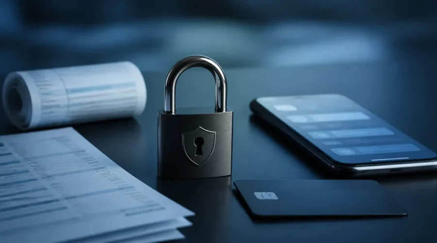 Cadeado, celular e extratos representam conta bloqueada judicialmente