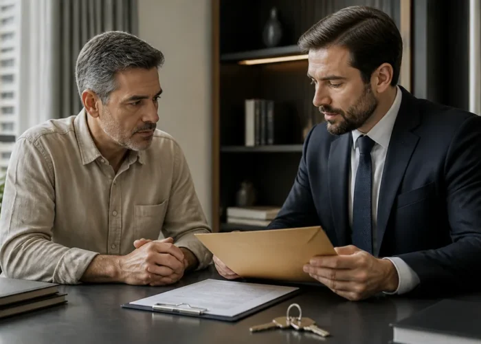 Locador e advogado analisam contrato, notificação e chaves antes do despejo