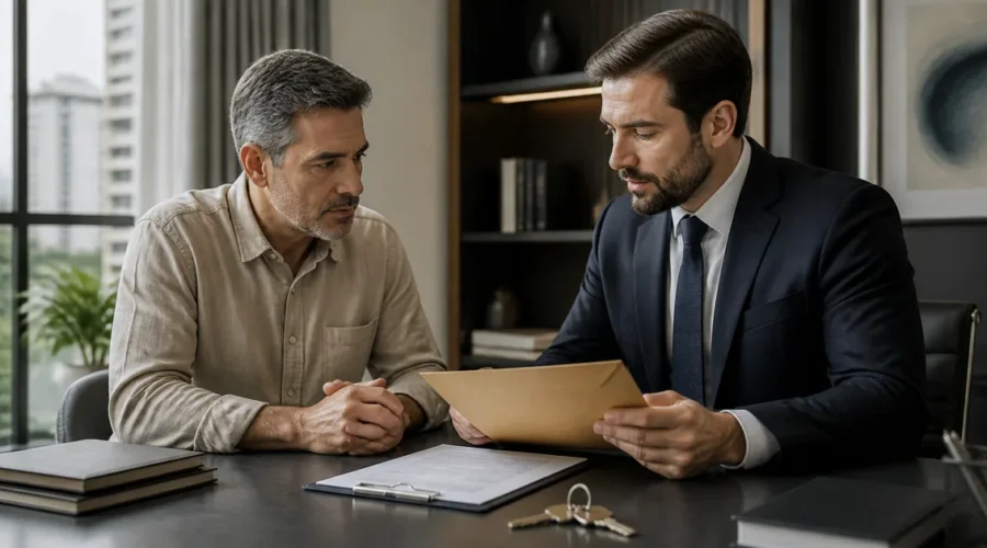 Locador e advogado analisam contrato, notificação e chaves antes do despejo