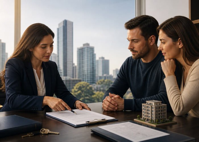 Advogada orienta clientes sobre contrato e documentação de imóvel