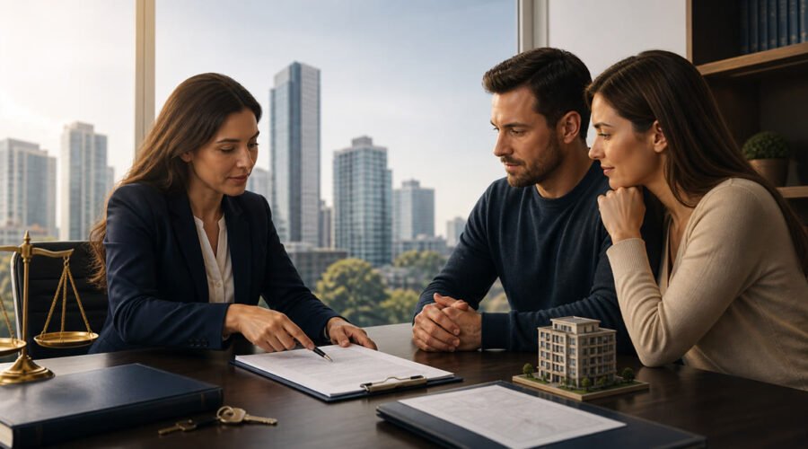 Advogada orienta clientes sobre contrato e documentação de imóvel