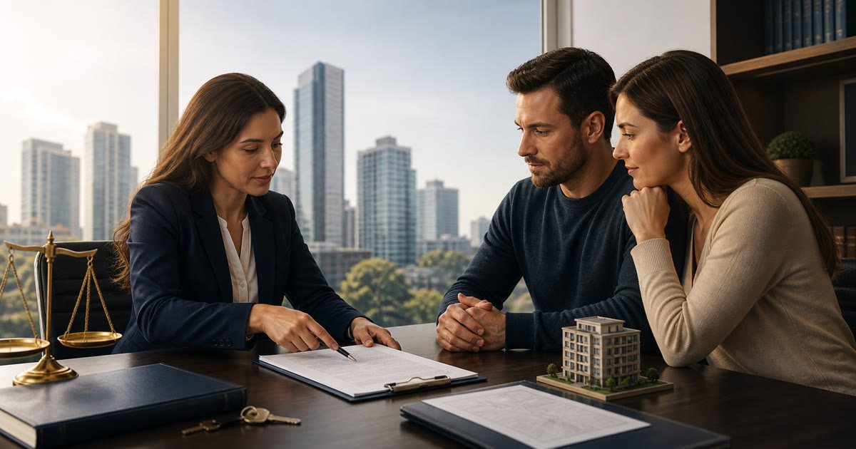 Advogada orienta clientes sobre contrato e documentação de imóvel