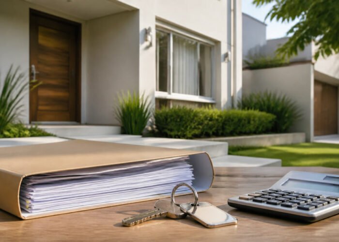 Imóvel residencial, pasta de documentos, chaves e calculadora para avaliação em inventário
